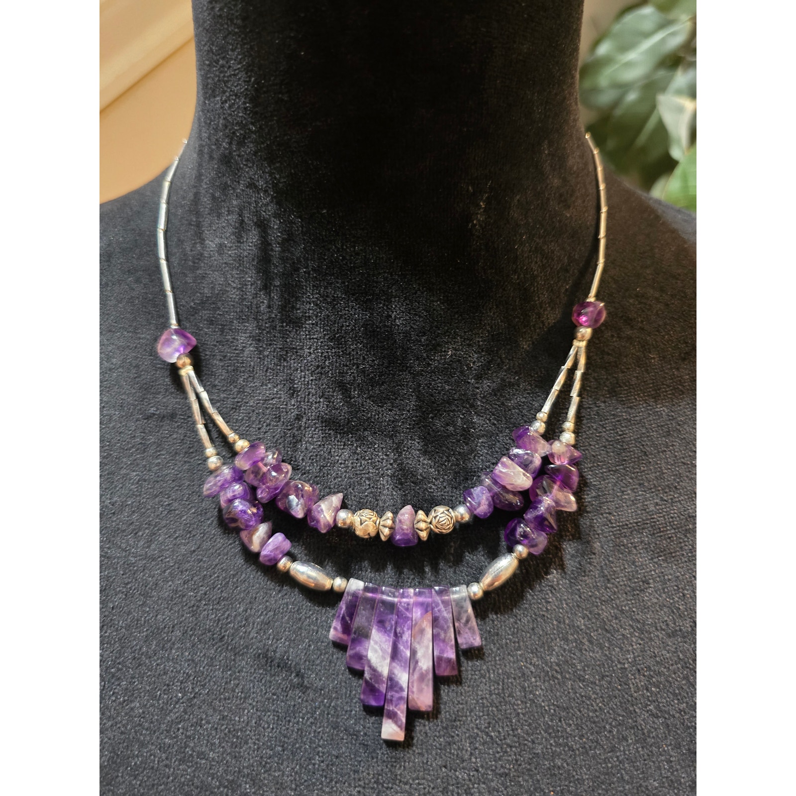 Women's Amethyst Stone Beaded Necklace Purple Gem Fringe Pendant Silver Tone